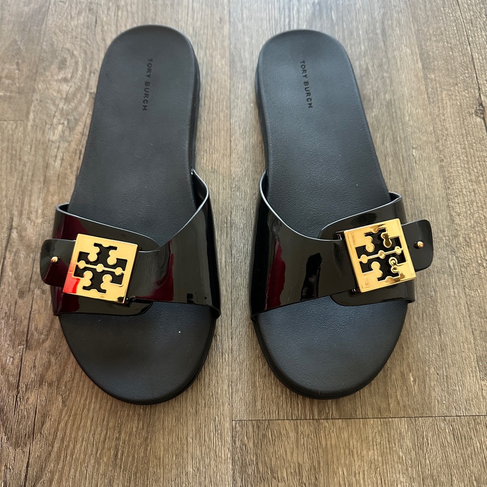Tory Burch Black Sandals with Gold Logo